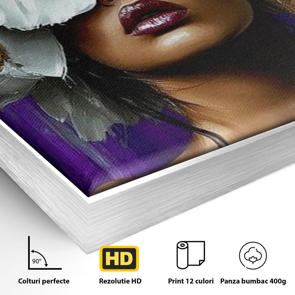 Detaliu al suprafetei: tablou canvas cu femeie si flori albe, in rama de aluminiu argintiu